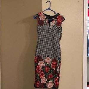 Black, white and rose colored dress